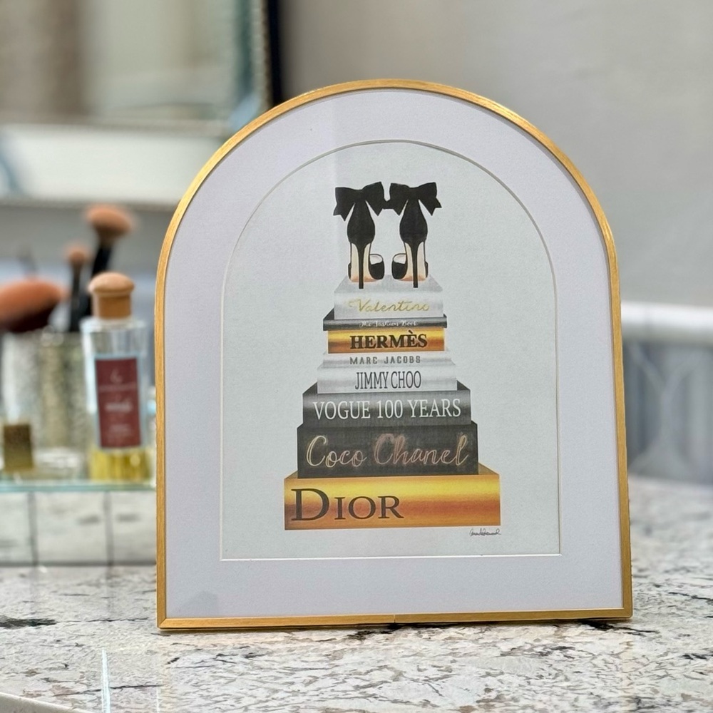 Amanda Greenwood Print in Gold Arched Frame Luxury Shoes and Book Stack 8 x 10